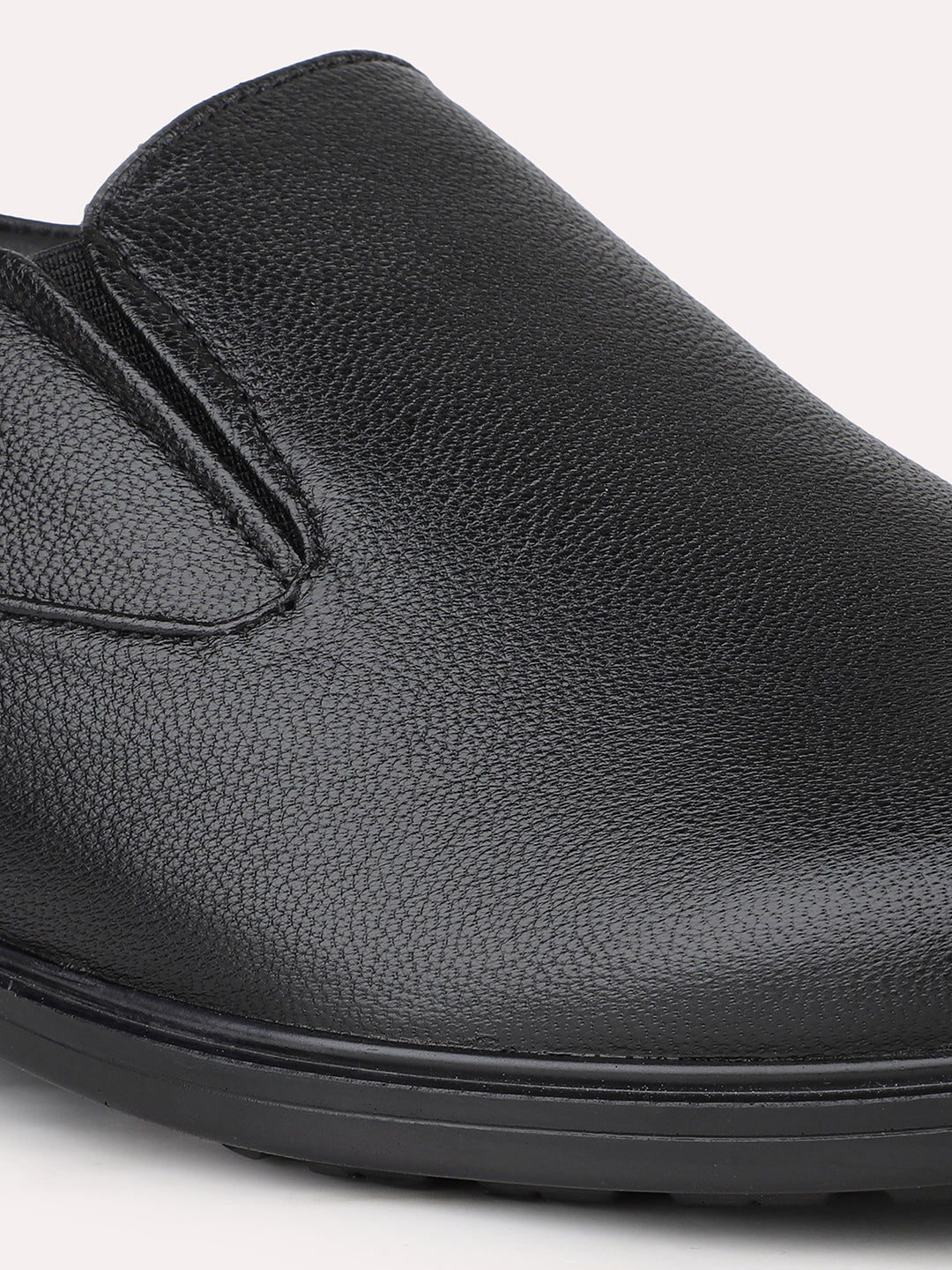 Men Black Solid Leather Formal Slip-Ons Shoes