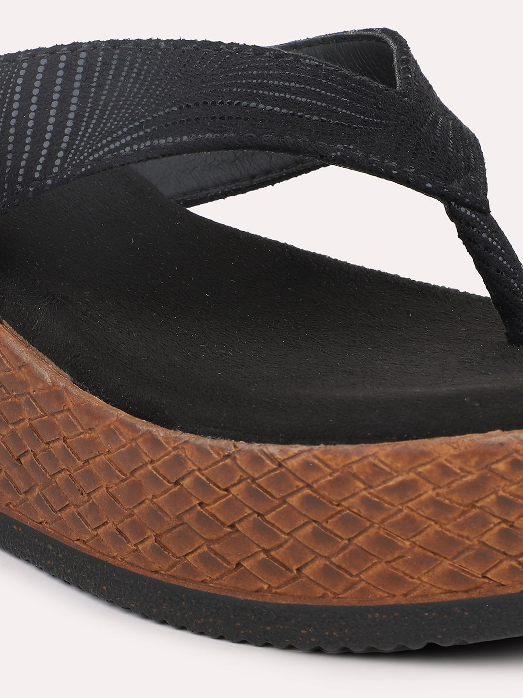 Women Black Striped Embellished Wedge Heels