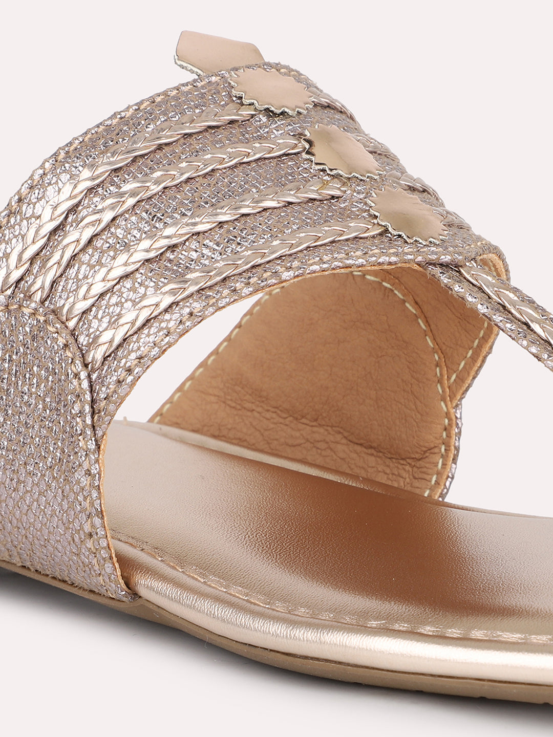 Women Rose Gold Embellished Kolhapuri One Toe Flats