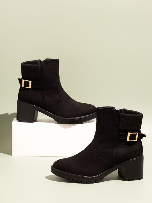 Women Black Round Toe Mid-Top Suede Chelsea Heeled Boots