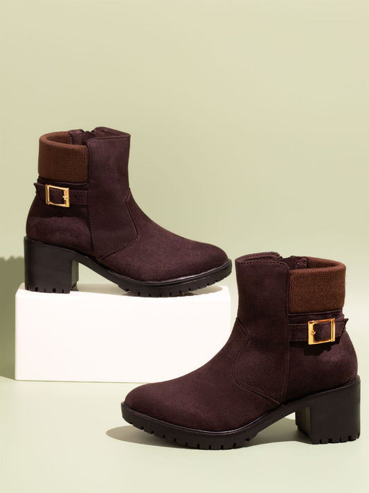 Women Brown Round Toe Mid-Top Suede Chelsea Heeled Boots