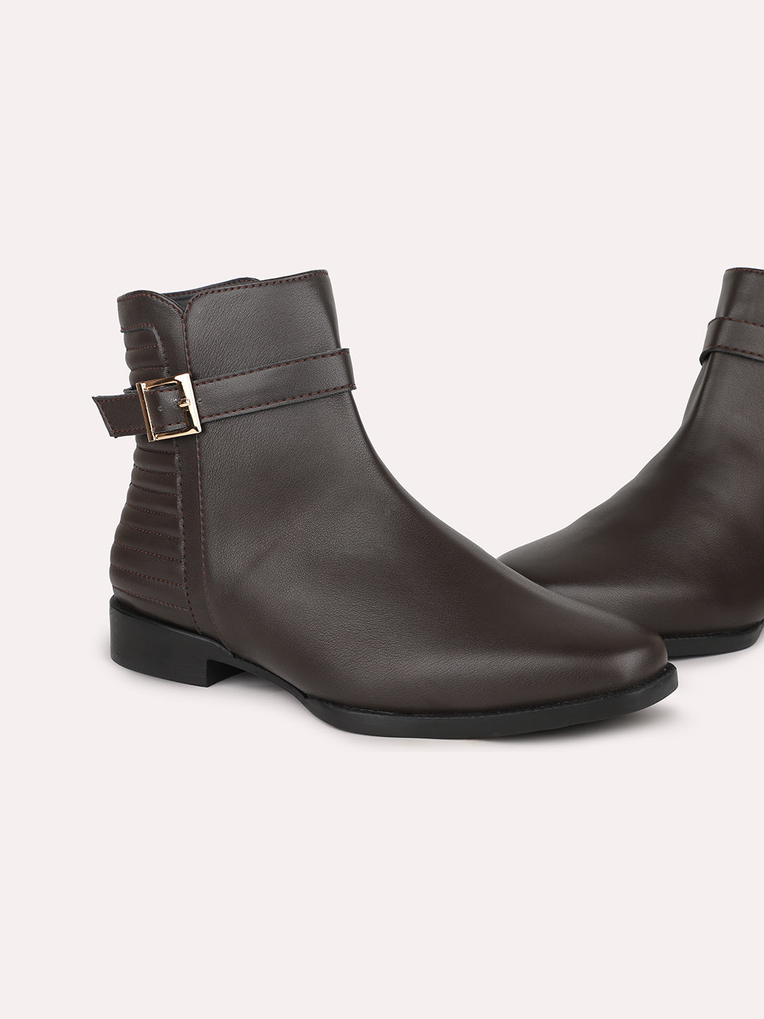 Women Brown Mid-Top Regular Boots With Buckle Detail