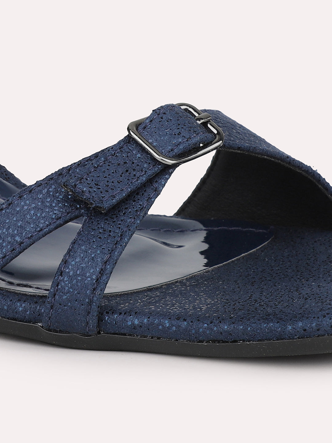 Women Navy Textured Block Heels With Ankle Loop