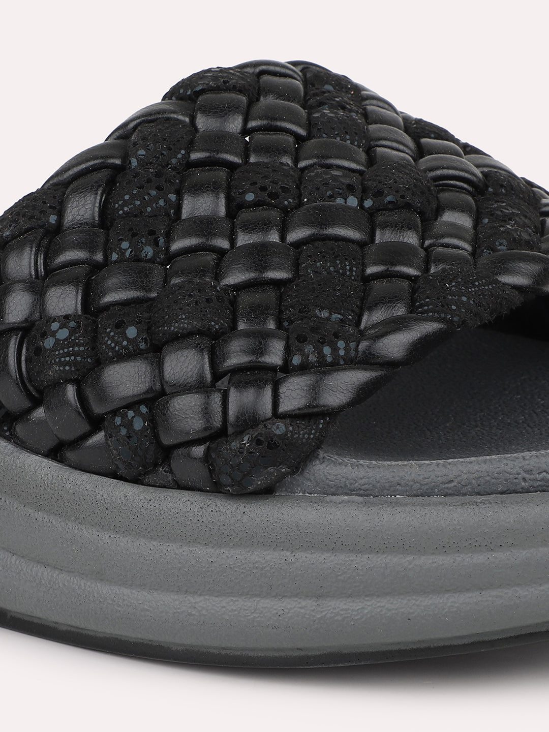 Women Black Textured Open Toe Comfort Heels