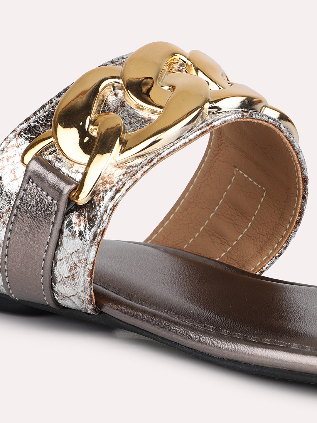 Women Pewter Embellished Open Toe Flats