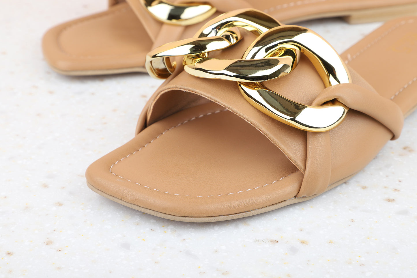 Women Beige Embellished Open Toe Flats