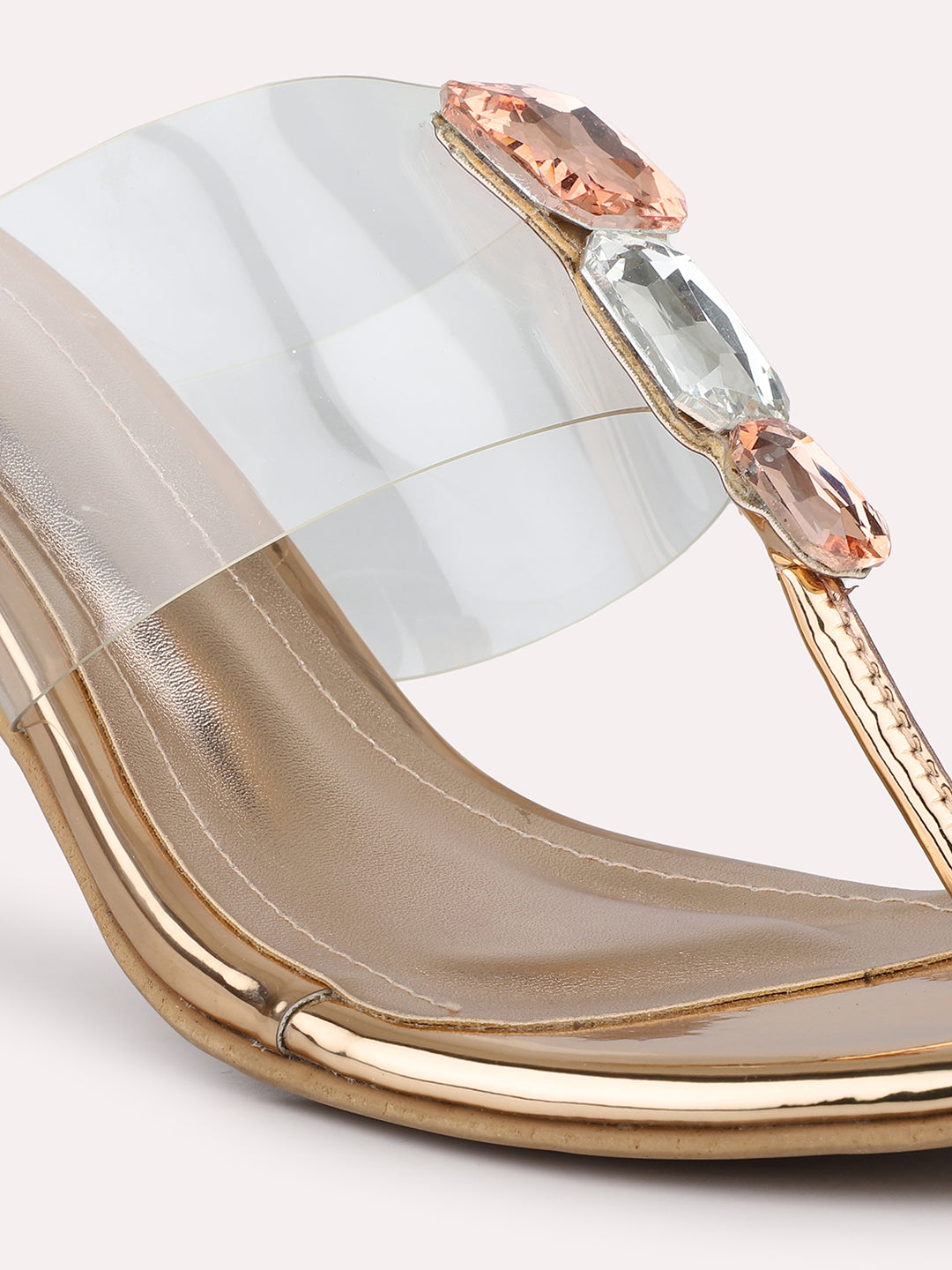 Women Rose Gold T-Strape Transparent Embellished Party Block Heels