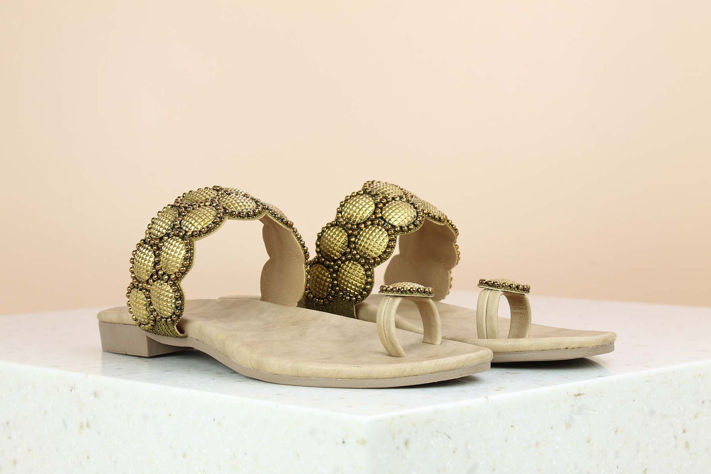 EMBROIDED FLAT THONG - ANTIQUE GOLD-Women's Flat-Inc5 Shoes
