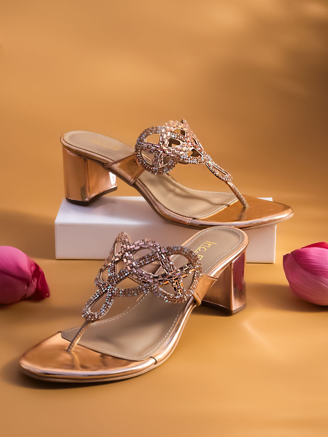 Rhinestone Heels Rose Gold High Heel Sandals Block Heeled Rose