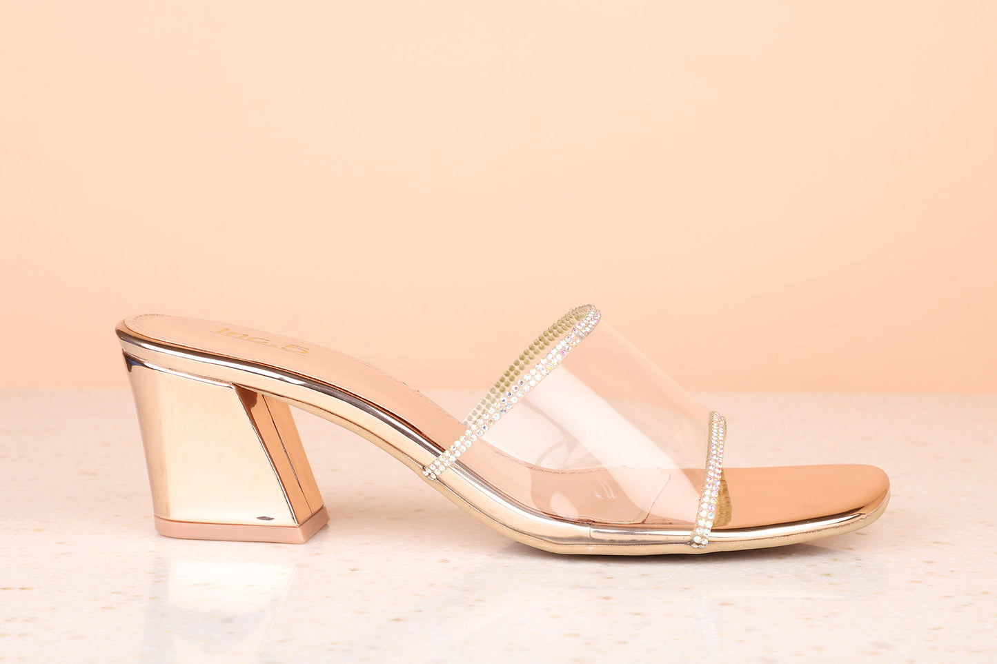Women Rose Gold Transparent Embellished Block Mules