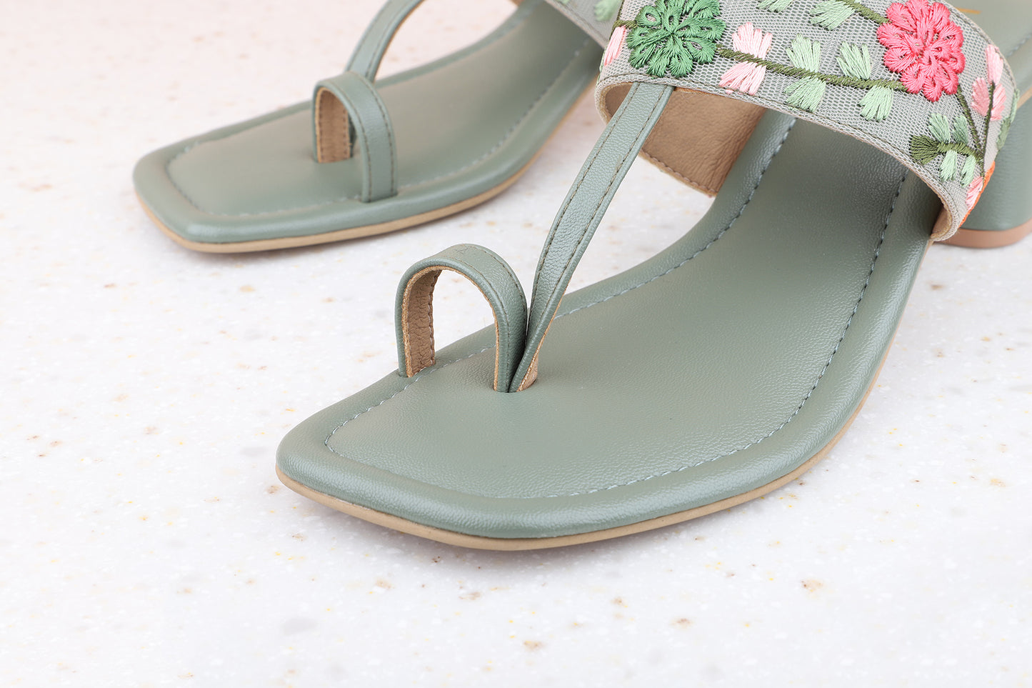 Women Green One Toe Block Heels