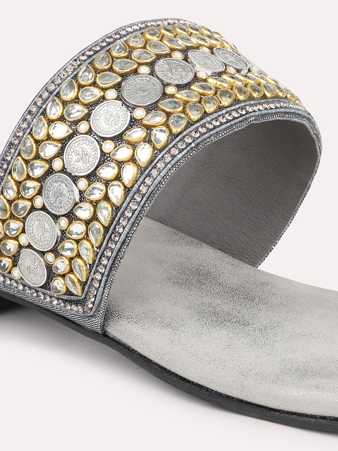 Women Pewter Ethnic Embellished Open Toe Flats