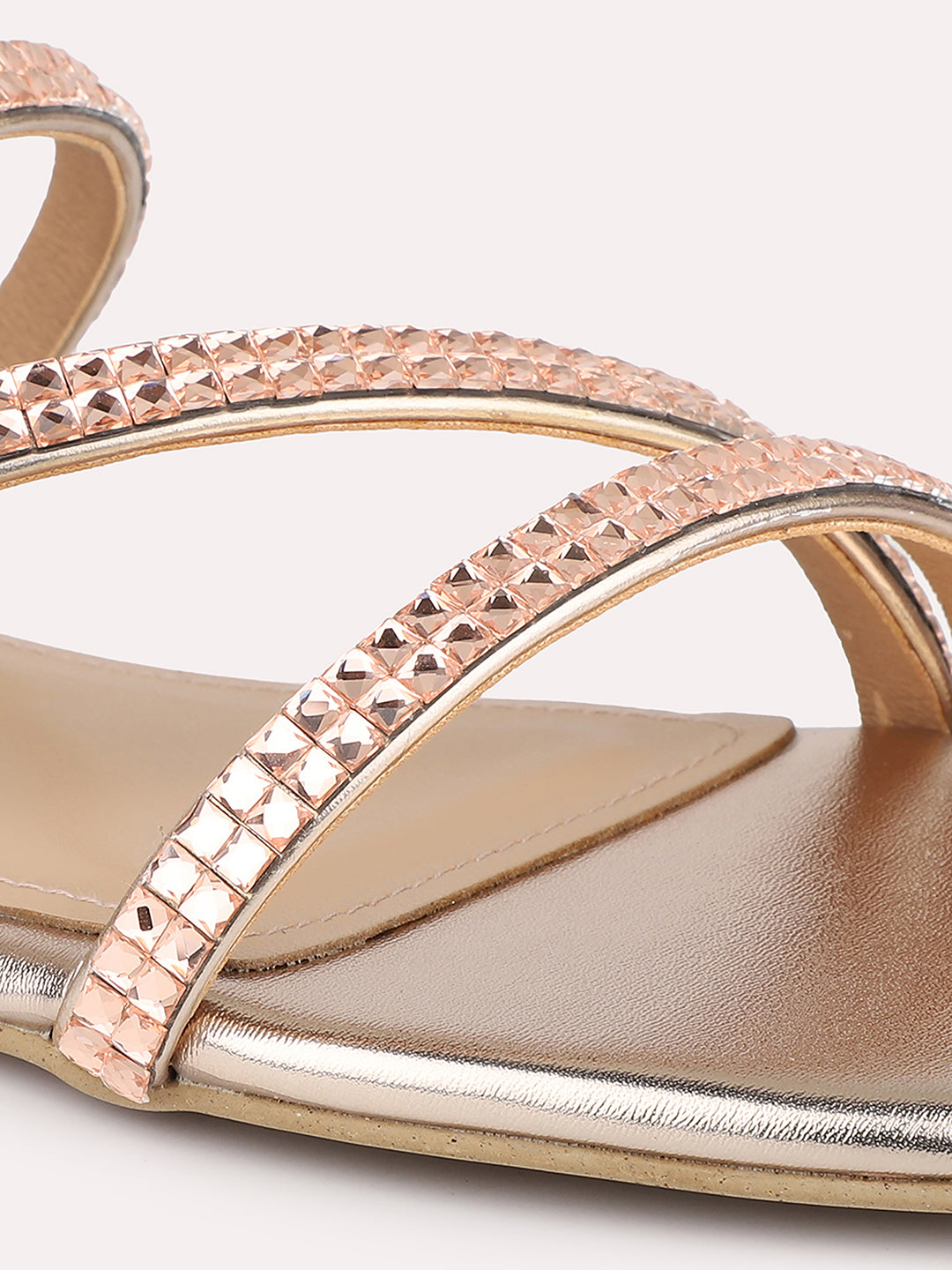 Women Rose Gold Embellished Open Toe Flats