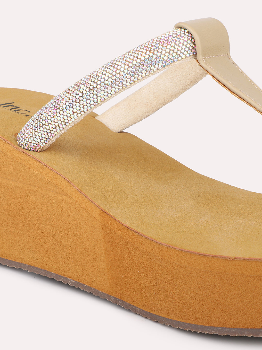 Women Beige Embellished Wedges Sandals