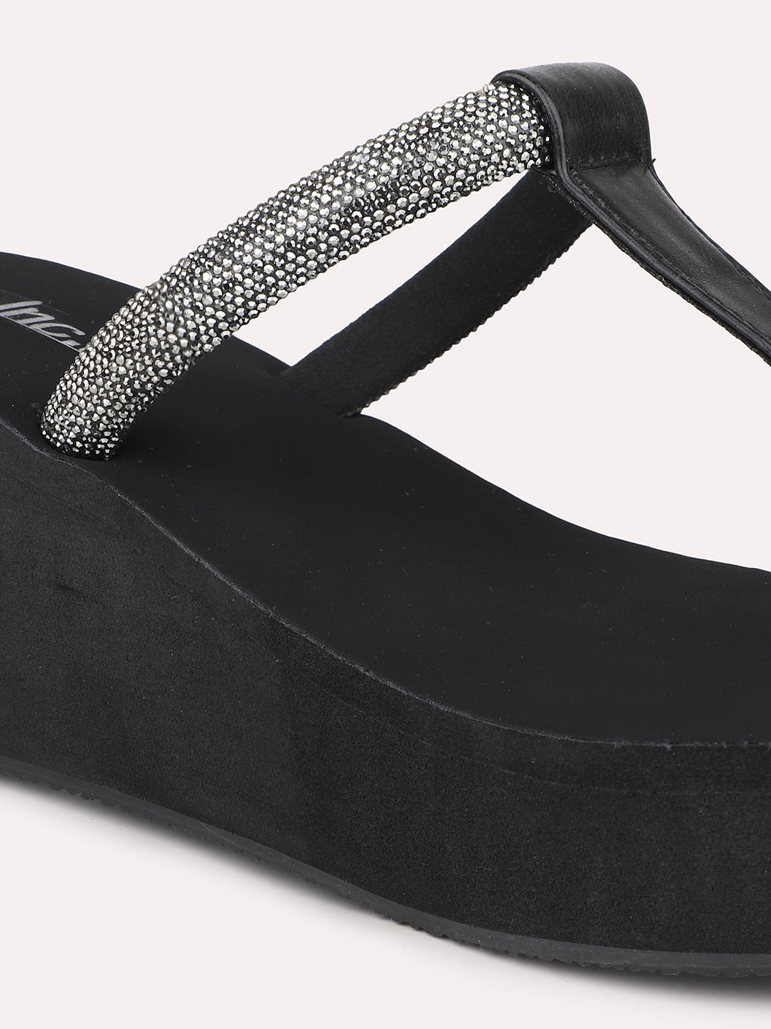 Women Black Embellished Wedges Sandals