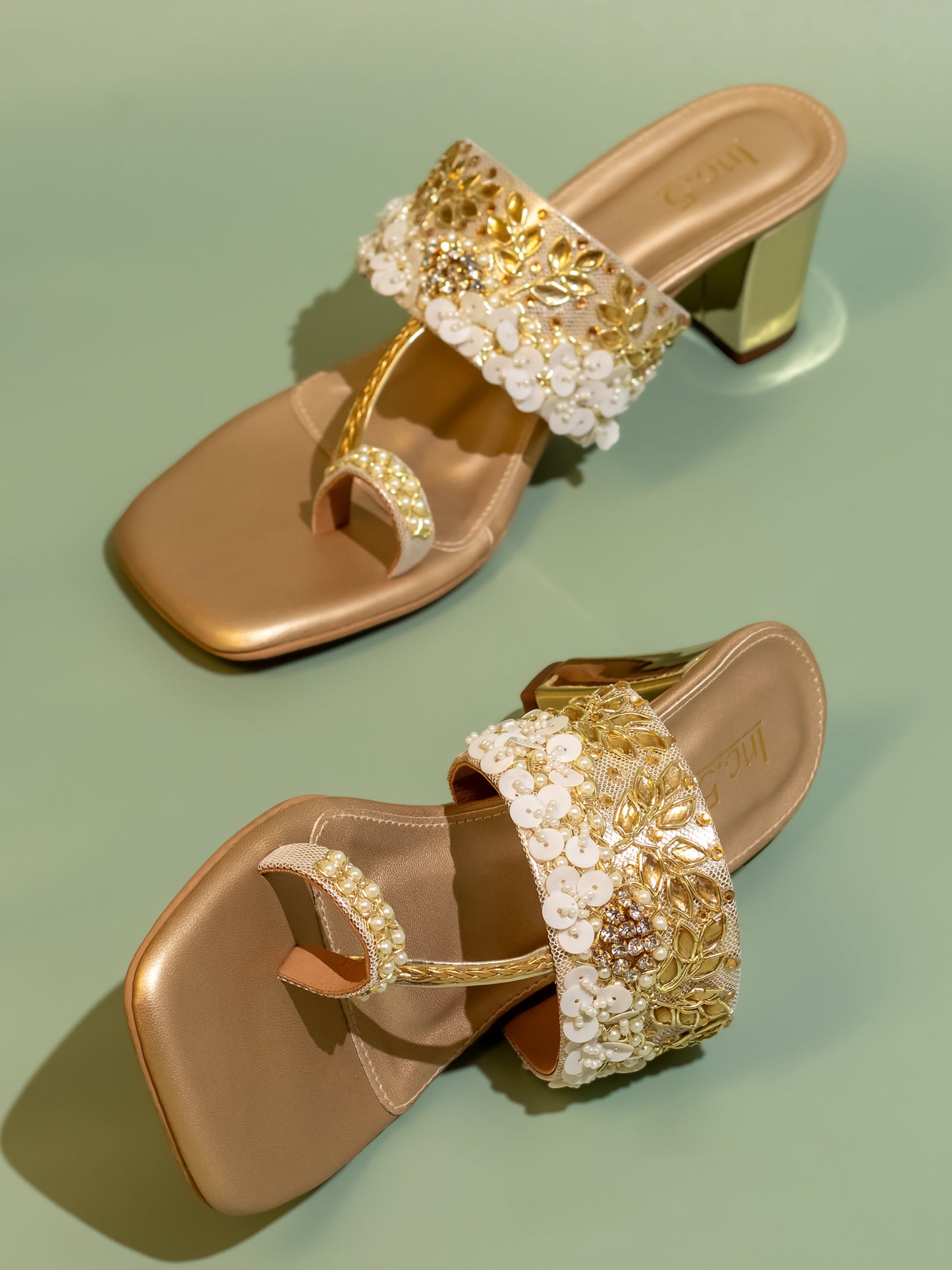 Women Gold Ethnic Embellished One Toe Block Heels