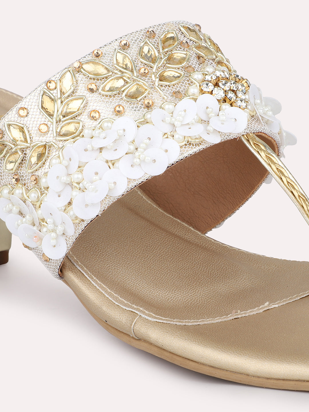 Women Gold Ethnic Embellished One Toe Block Heels