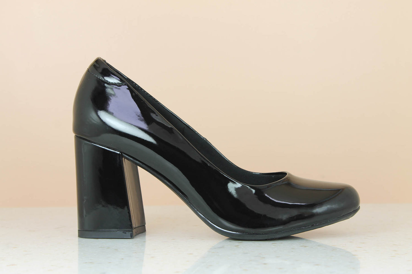 BLOCK HEEL PATTENT PUMP SHOES - BLACK-Women's Pump Shoes-Inc5 Shoes
