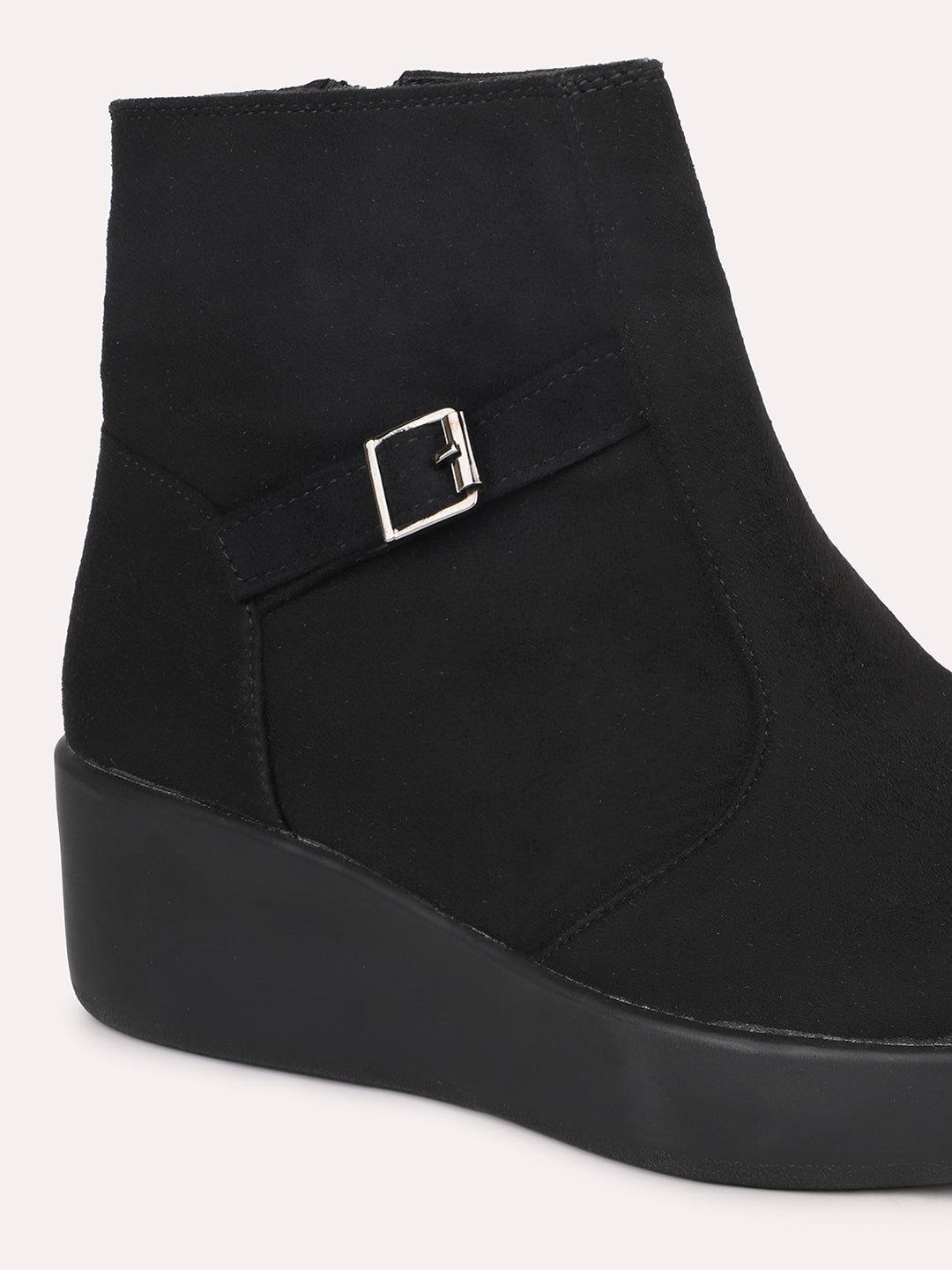 Women Black Suede upper Ankle-Length Boots with Zip Closure