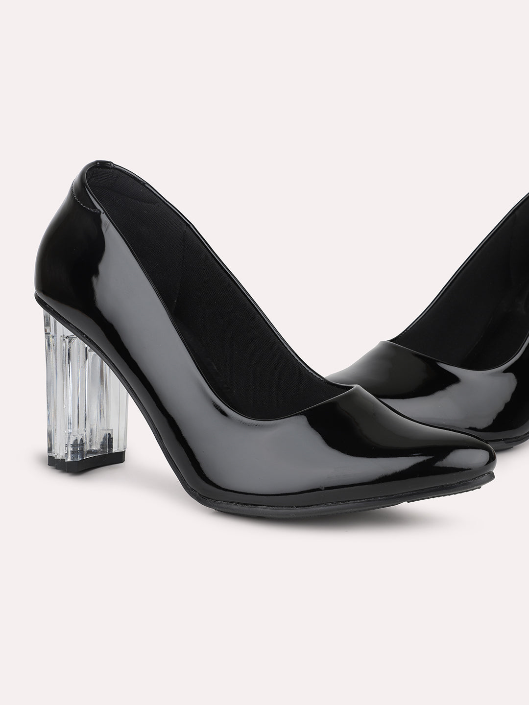 Women Black Pointed Toe Party Block Pumps