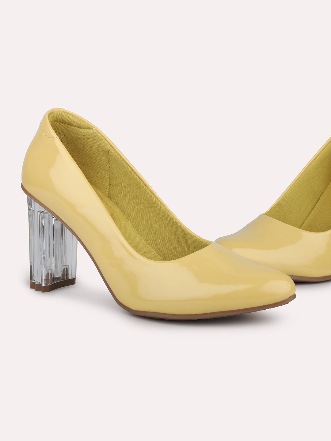 Women Yellow Pointed Toe Block Pumps