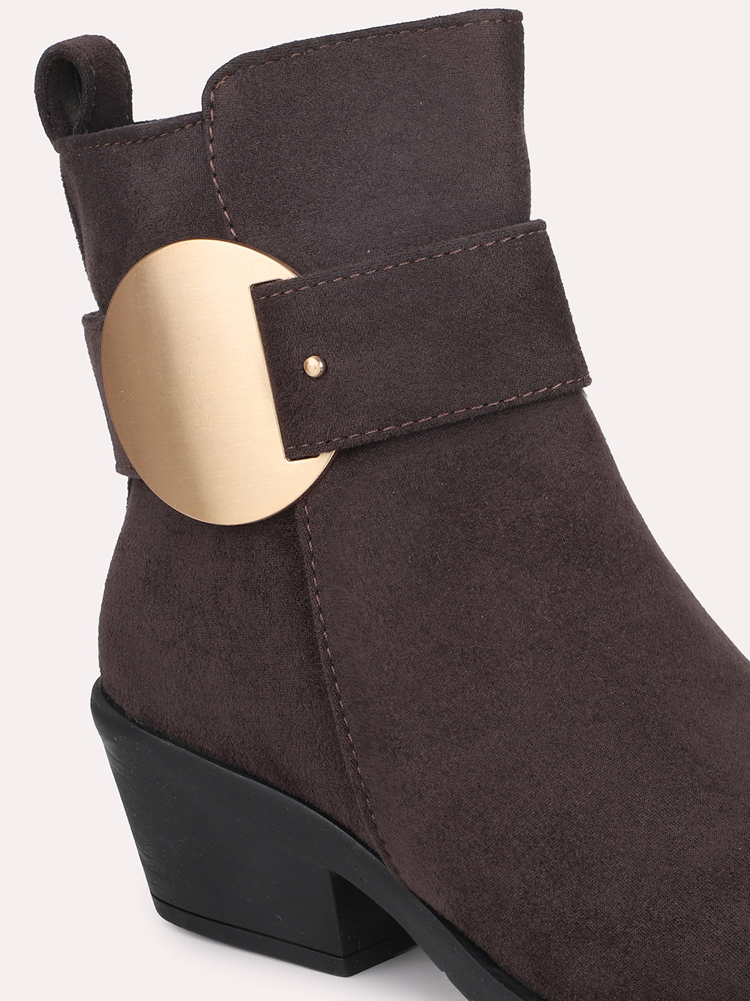 Women Brown Block Heeled Boots with Buckles