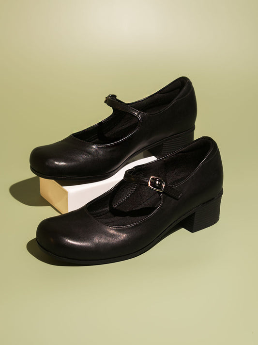 Women Black Square Toe Block Pumps With Buckles