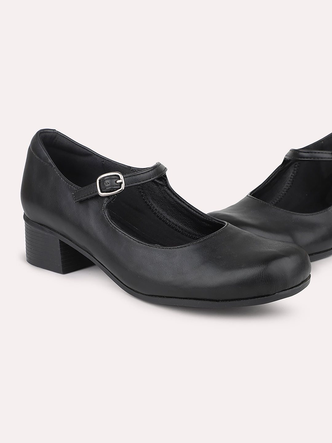 Women Black Square Toe Block Pumps With Buckles