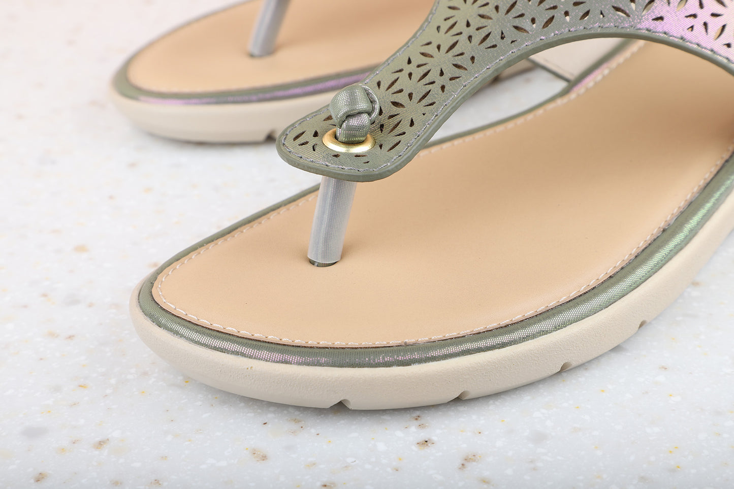 Women Green Textured T-Strap Flats with Laser Cuts