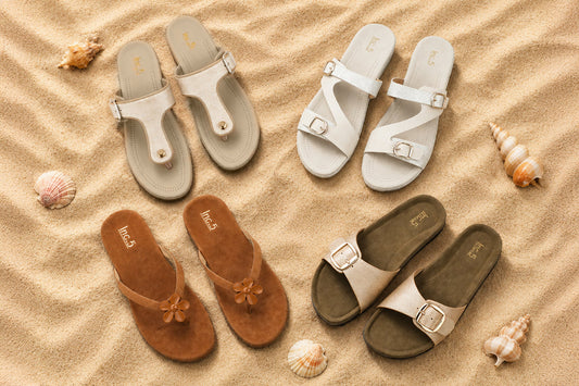 Women wearing stylish beach footwear by INC.5 for vacations and beach getaways