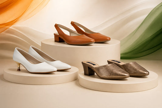 Comfortable footwear for Independence Day events including sandals, sneakers, and bags