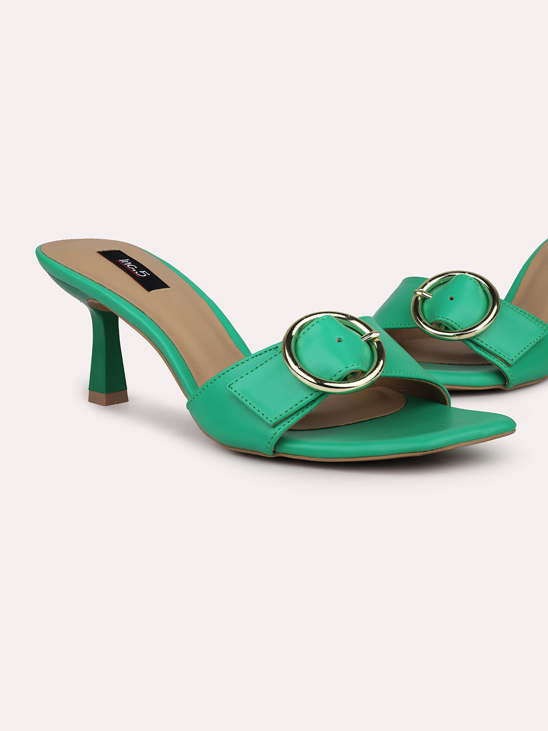 Women Green Buckled Kitten Heel 