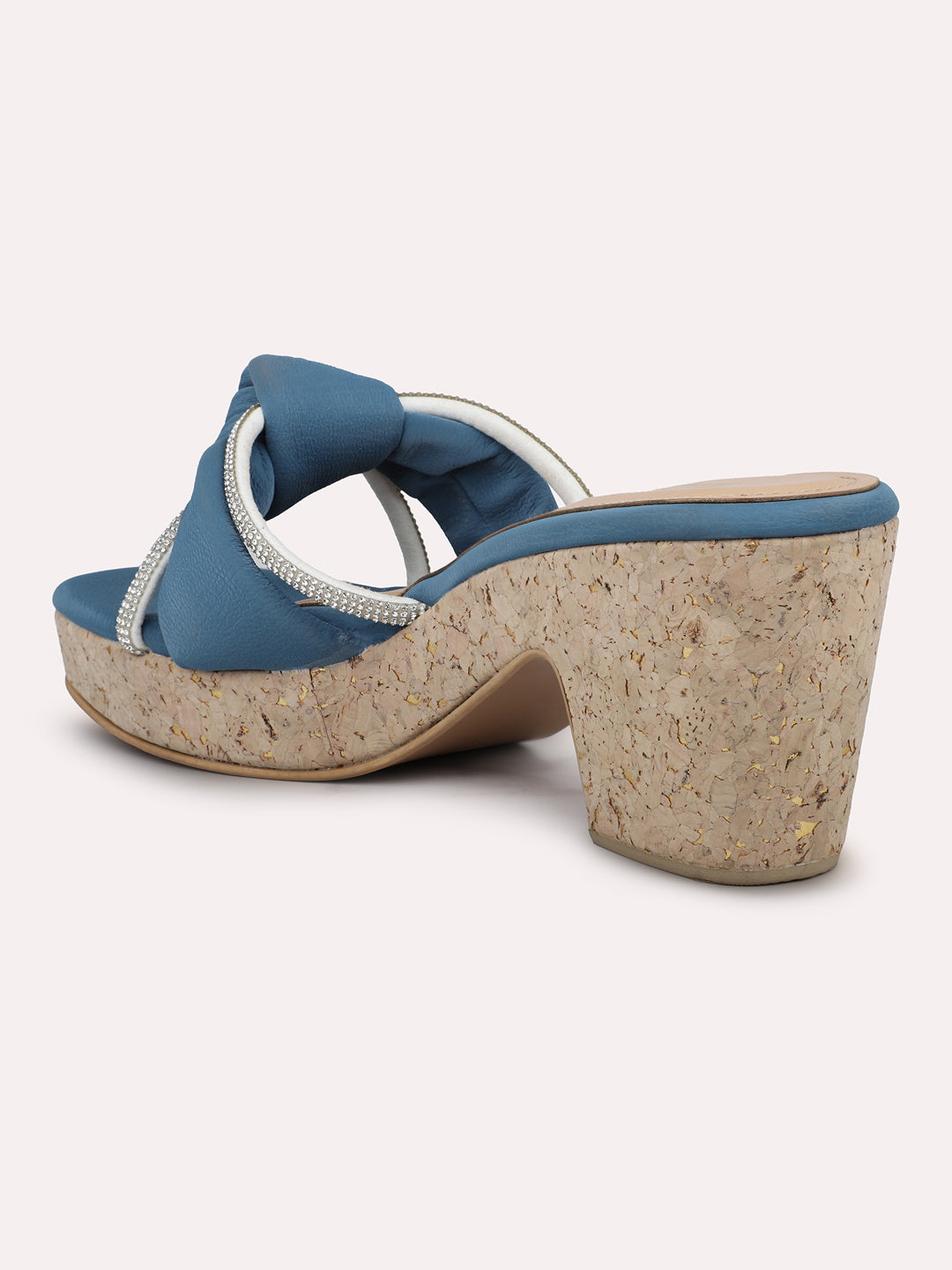 Women Blue Embellished Cork Finish Open Toe Platform Heels