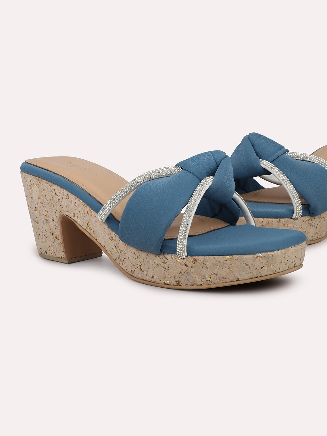 Women Blue Embellished Cork Finish Open Toe Platform Heels