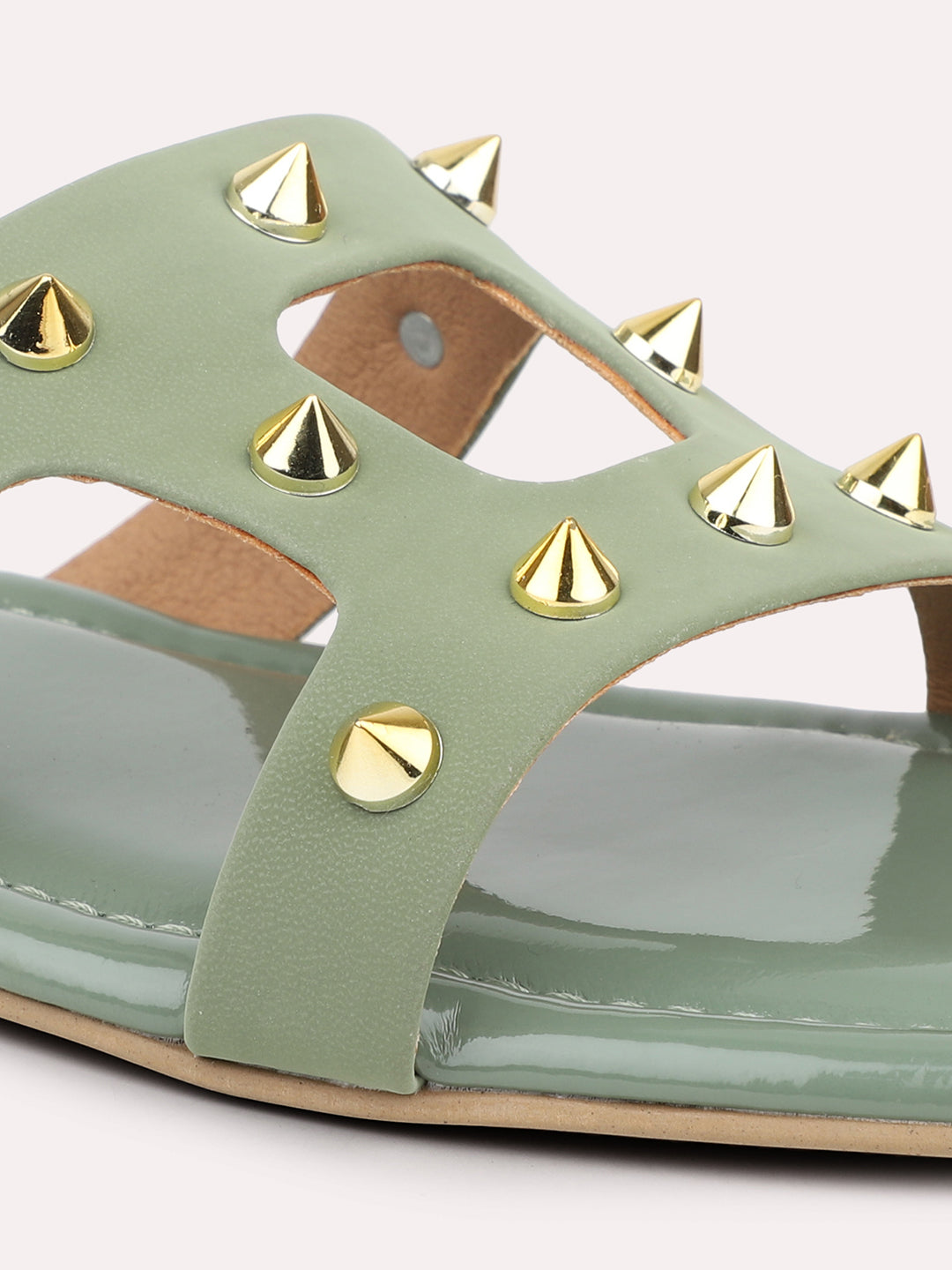 Women Green Open Toe Flats with Embellished Detail