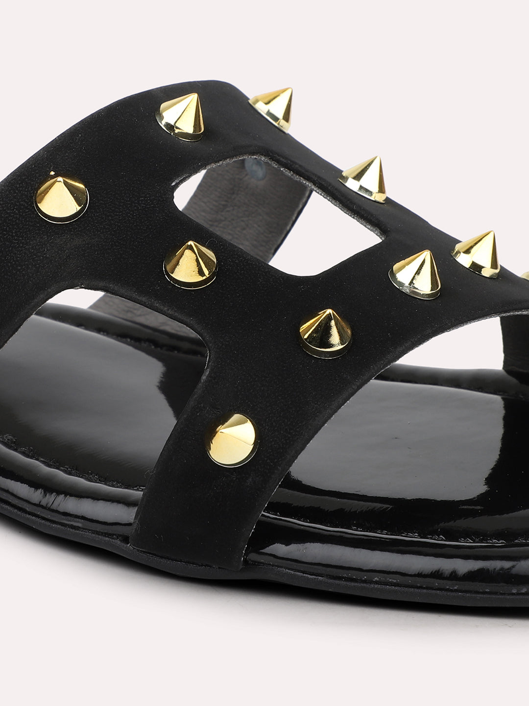 Women Black Open Toe Flats with Embellished Detail