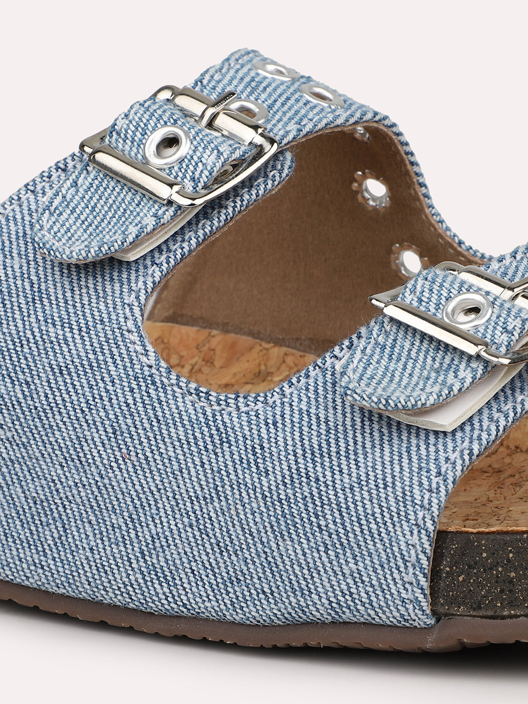 Women Blue Denim Cork Finish Comfort Open Toe Flats With Buckle Detail