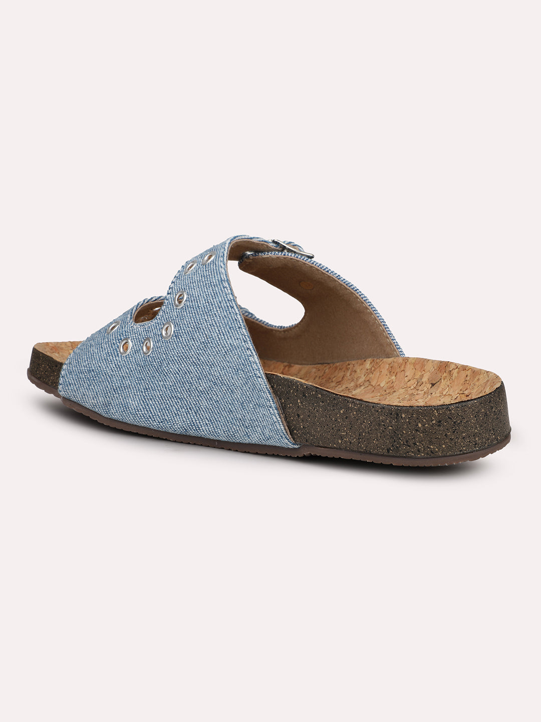 Women Blue Denim Cork Finish Comfort Open Toe Flats With Buckle Detail