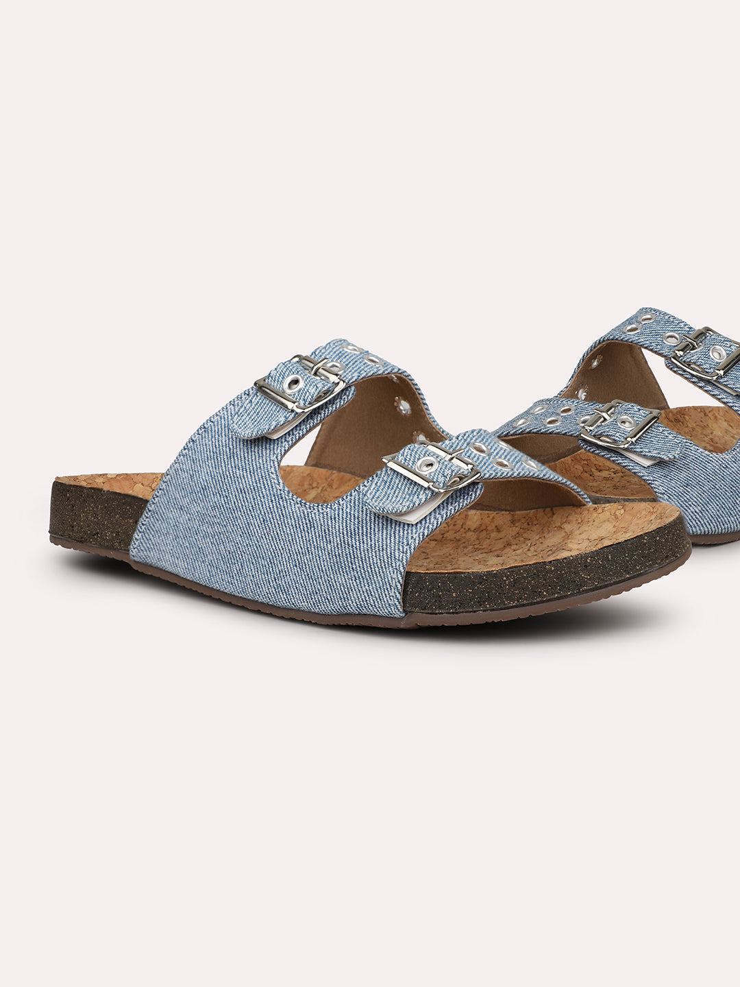 Women Blue Denim Cork Finish Comfort Open Toe Flats With Buckle Detail