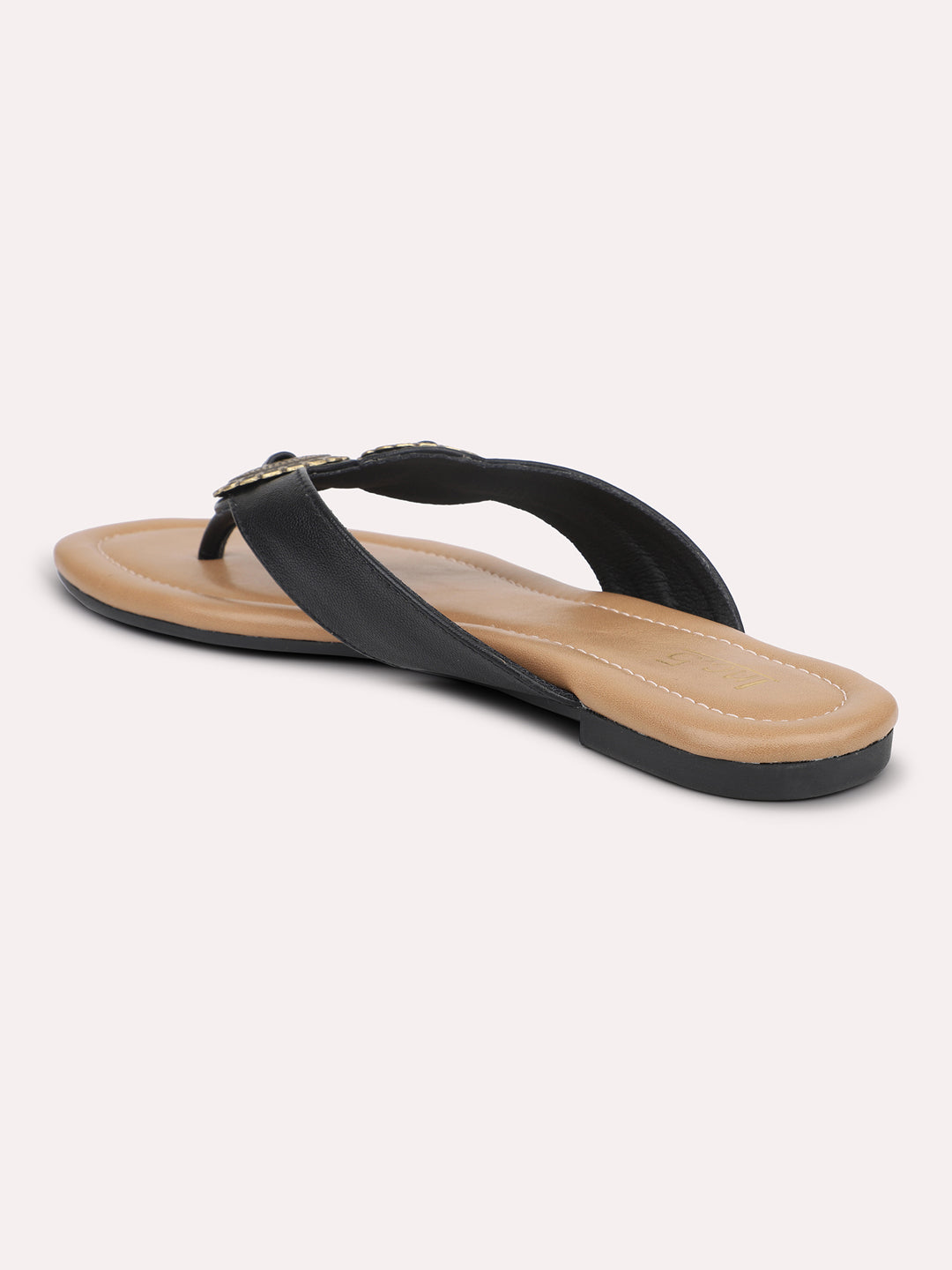 Women Black Open Toe Flats with Embellished Detail