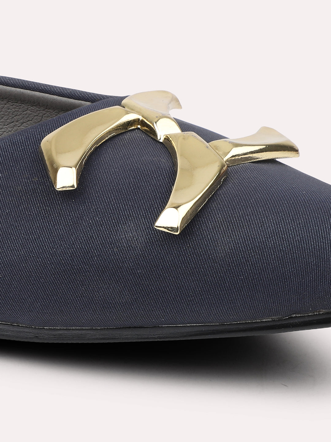Women Navy & Gold Toned Pointed Toe Mules With Buckle Detail