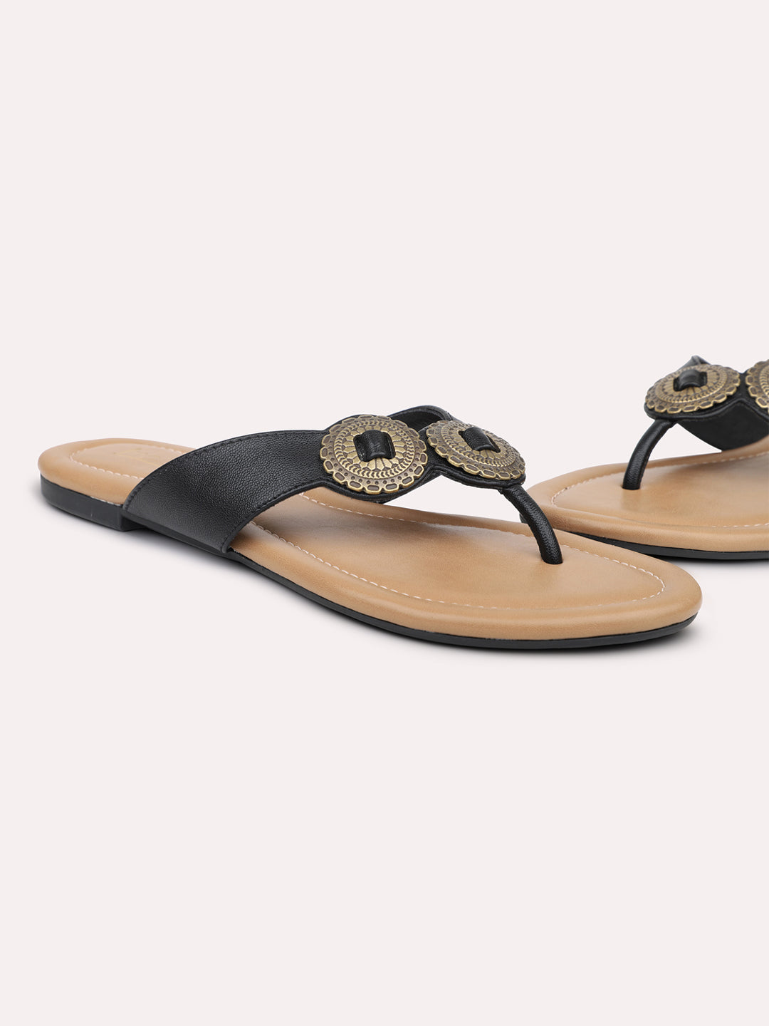 Women Black Open Toe Flats with Embellished Detail