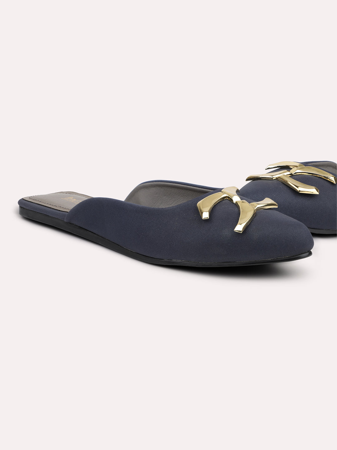 Women Navy & Gold Toned Pointed Toe Mules With Buckle Detail