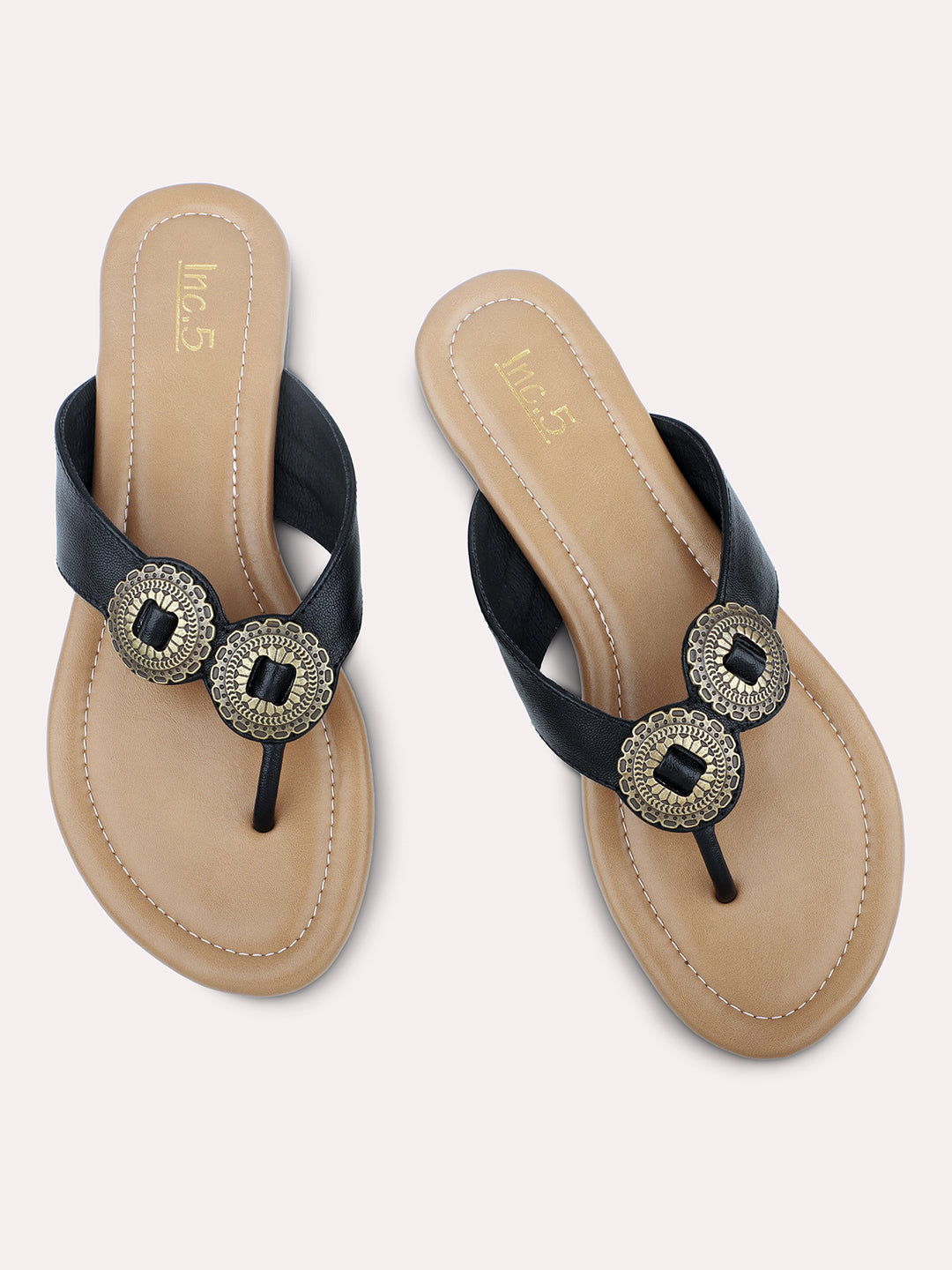 Women Black Open Toe Flats with Embellished Detail