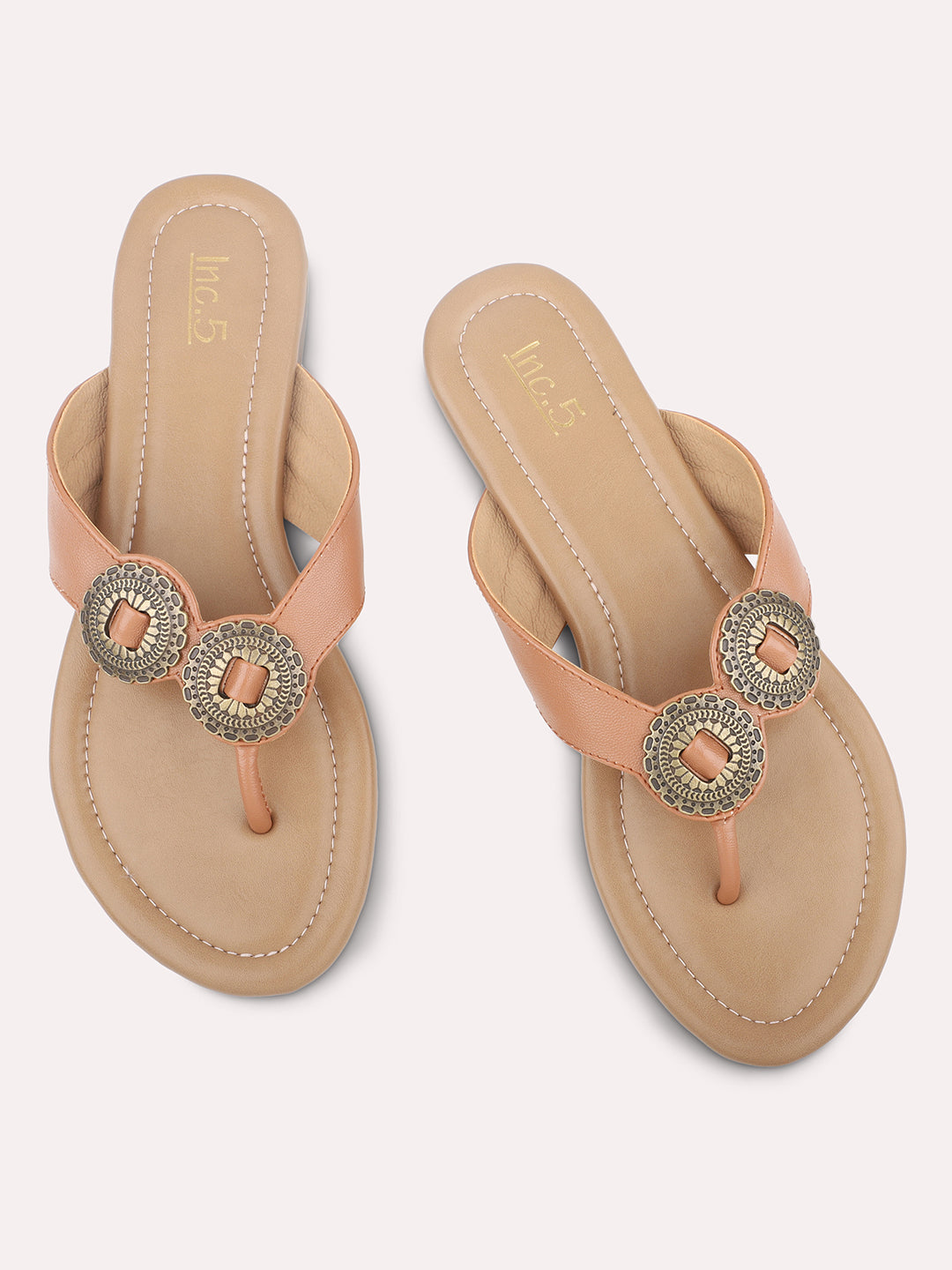 Women Tan Open Toe Flats with Embellished Detail