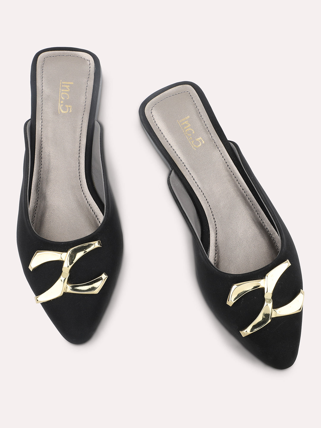 Women Black & Gold Toned Pointed Toe Mules With Buckle Detail