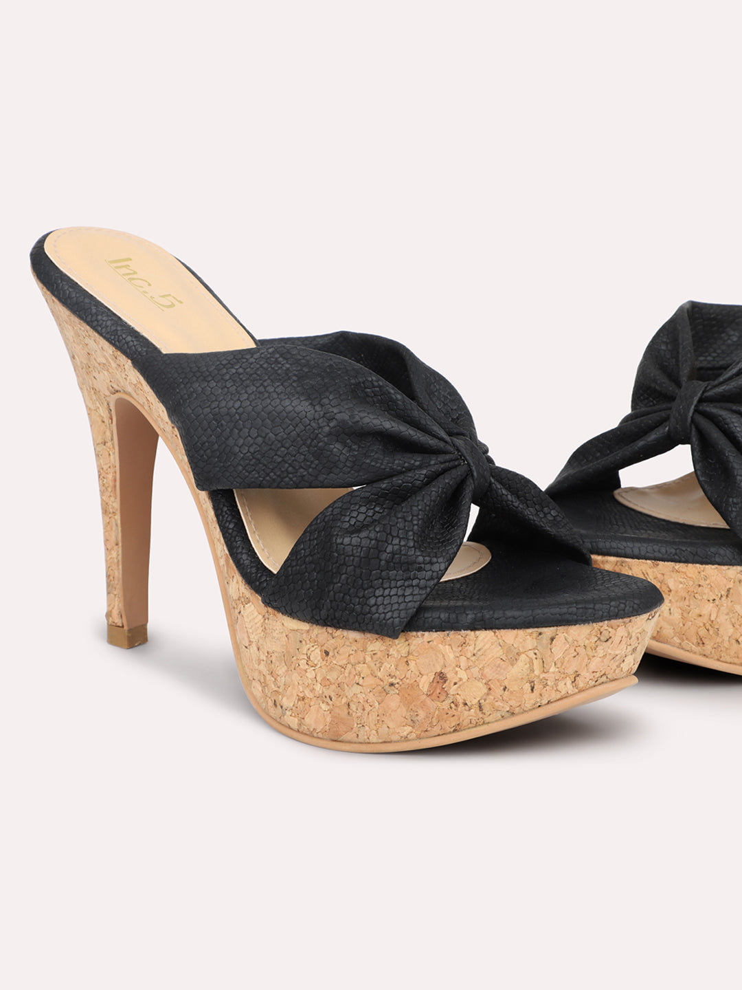 Women Black Textured Platform Heels