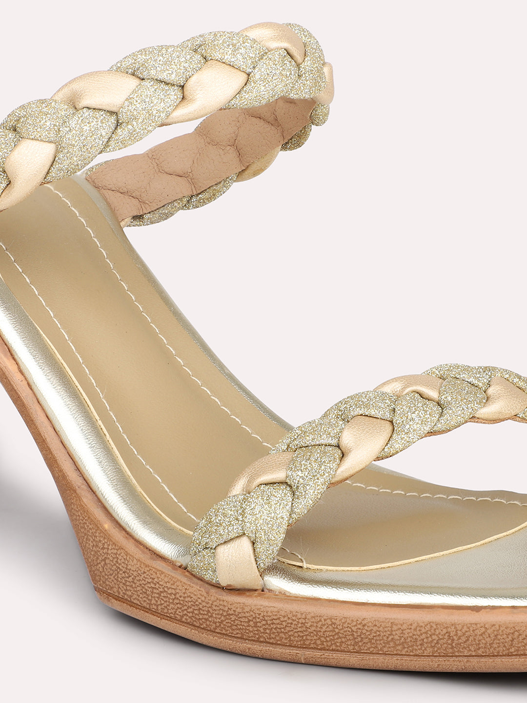 Women Gold Textured Open Toe Block Heels