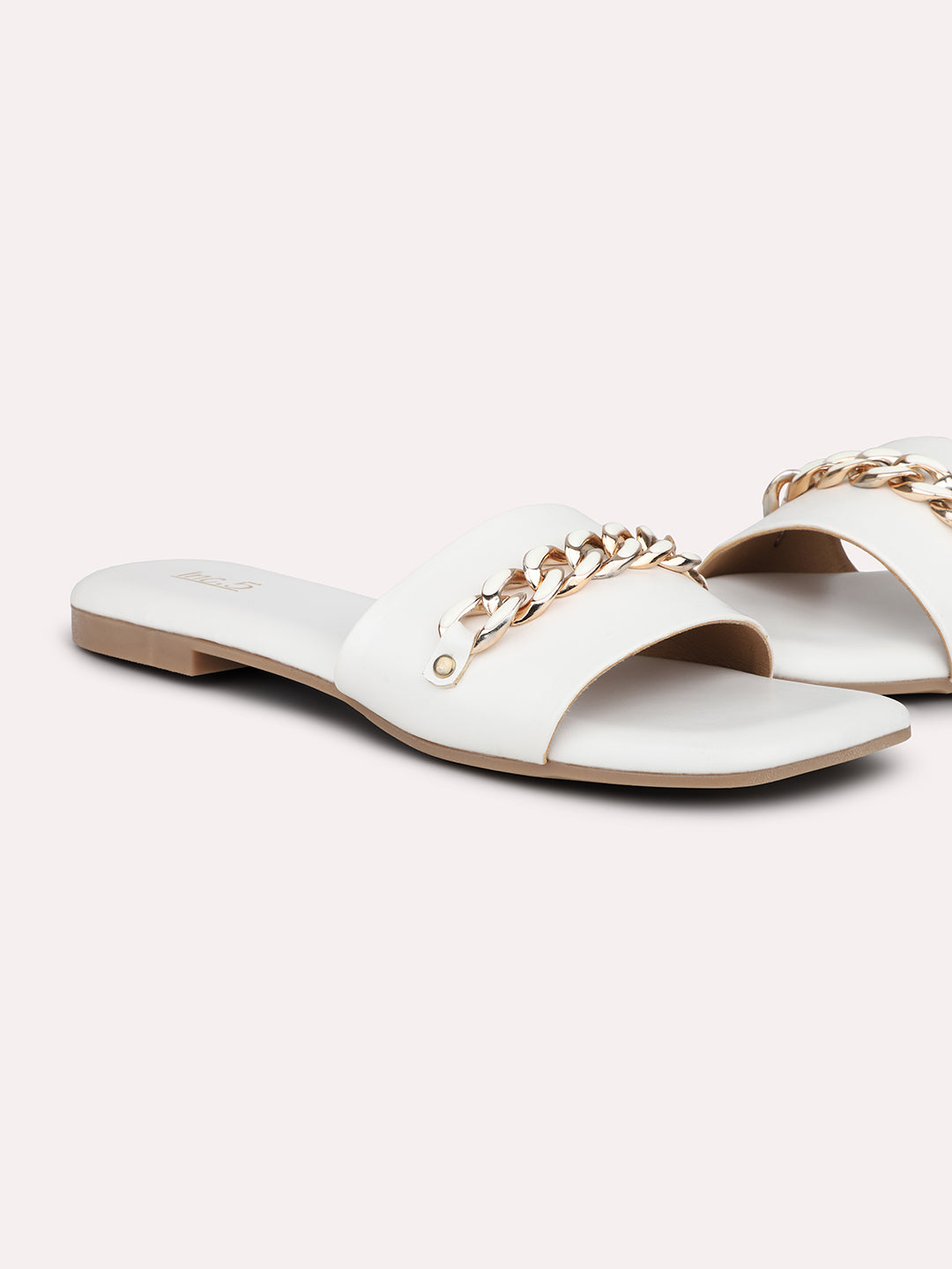 Women White Embellished Open Toe Flats