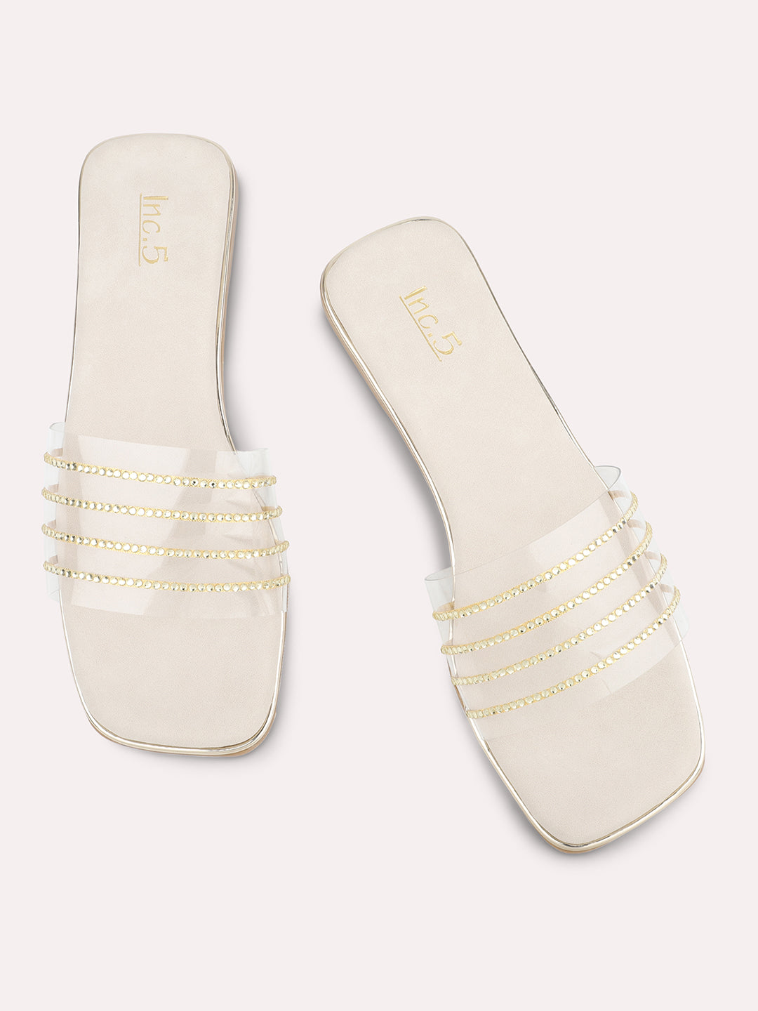 Women Gold Transparent Embellished Open Toe Flats